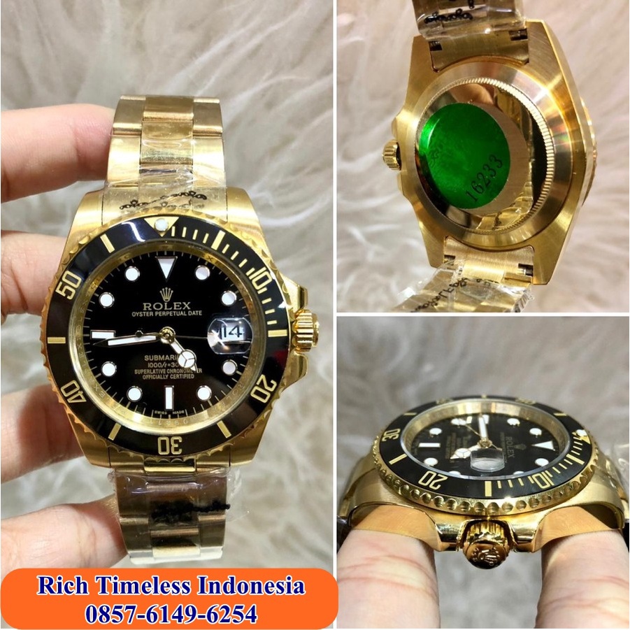 Flash Sale  Jam Tangan Analog Pria Mewah Merk Rolex Submariner Gold Black Dial Chain Jam Tangan Kasu