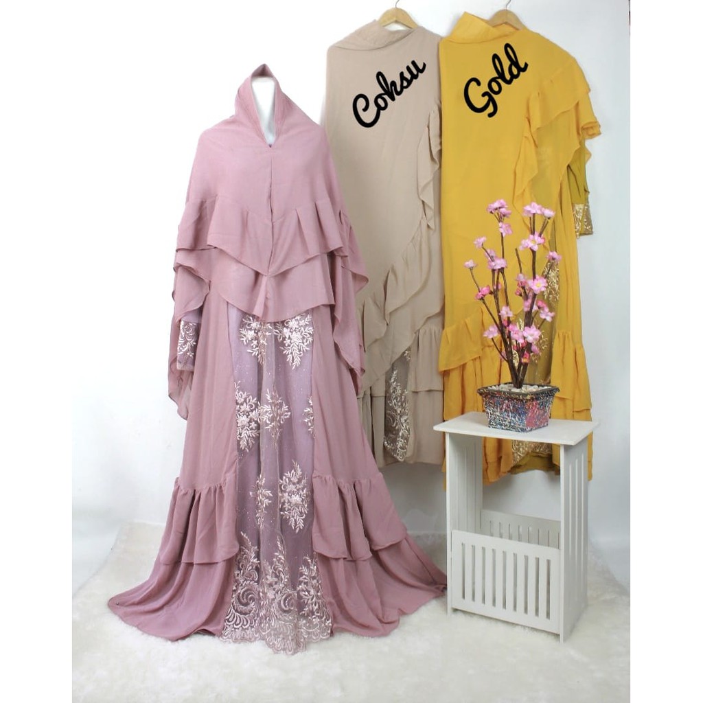 PREMIUM Gamis CERUTYBABYDOLL  set khimar syari  BROKAT HANIFAH pesta antem muslimah TILE RENDA