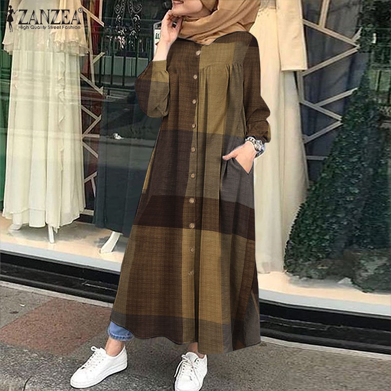 ZANZEA Women Muslim Long Sleeve Plaid Printed Casual Long Dress