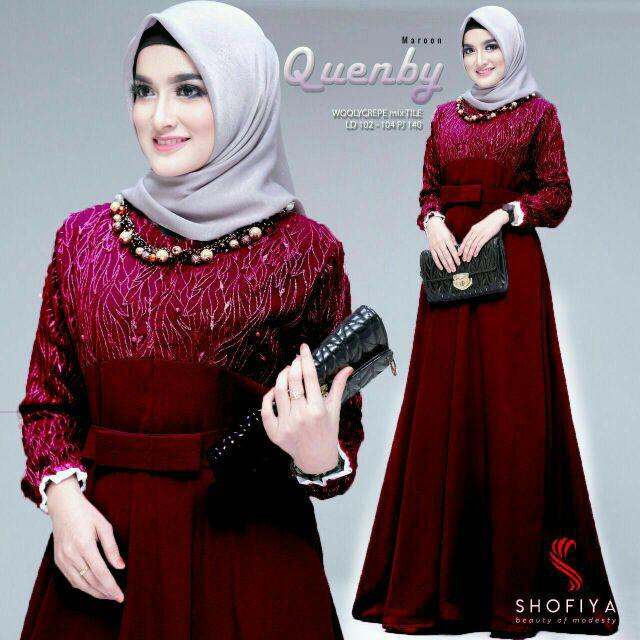 Gamis Pesta Jumbo LD 120 Quenby Ori Shofiya Gamis Brukat Prita Syar'i asdf Muslim Wanita Terbaru-Maroon