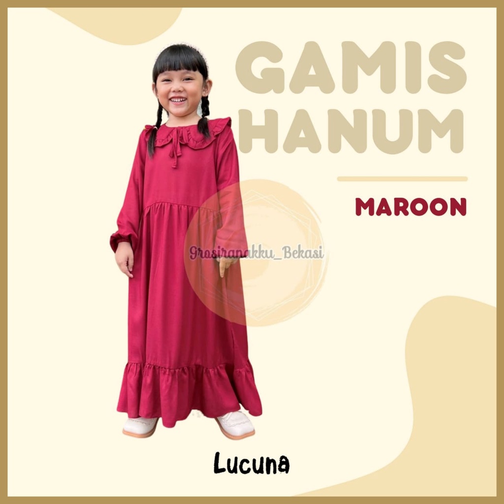 Gamis Rayon Anak Hanum Lucuna Warna Maroon Size 2-10 Thn