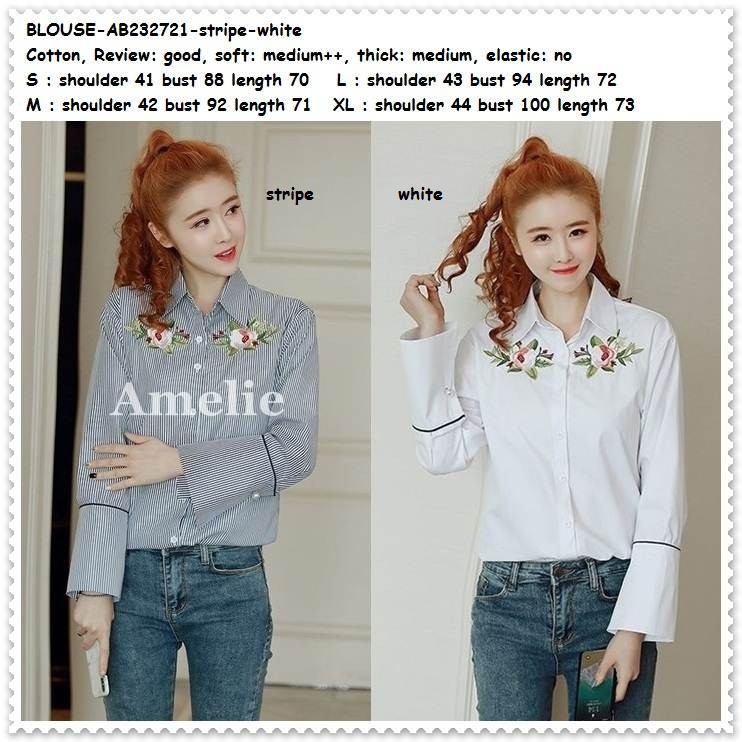Baju Atasan Kemeja Bordir Pakaian Wanita Korea Import AB232721 Putih Garis Biru