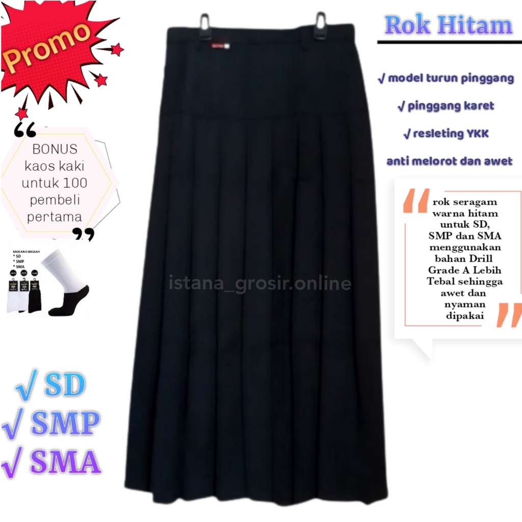 Rok Seragam Sekolah Warna Hitam SD SMP SMA Rok Kantor Kerja Kuliah Maxi Plisir
