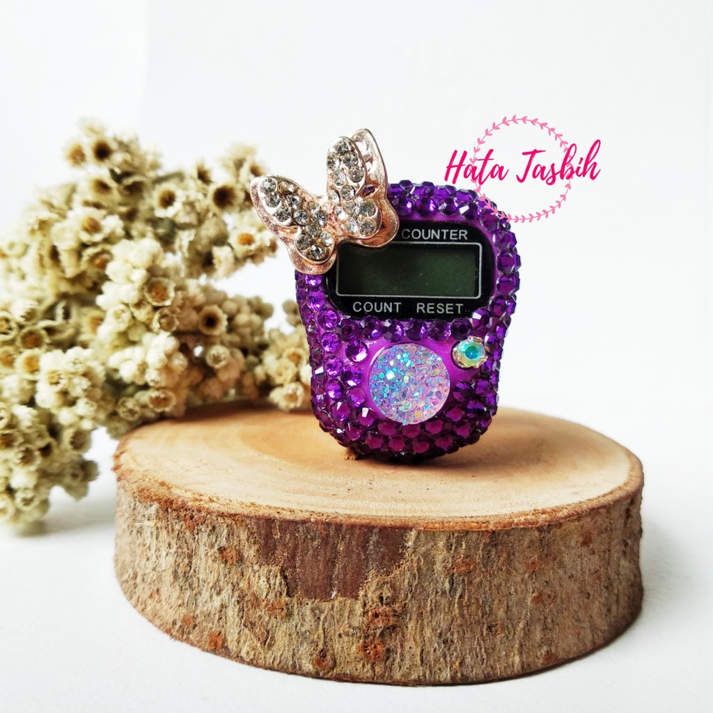 Tasbih Digital Swarovski Kristal UNGU KUPU GOLD Non Led Alat Hitung Dzikir Souvenir Cantik Murah