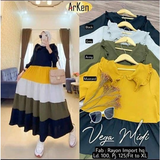 Gamis Vega Midi - Gamis Terbaru Rayon Premium Dress Wanita Pelangi Lengan Karet Maxi Dress Kekinian LD 110 cm