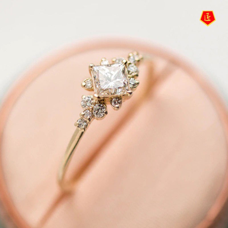 [Ready Stock]Inlaid Square Diamond Ring 14K Gold Simple Personality