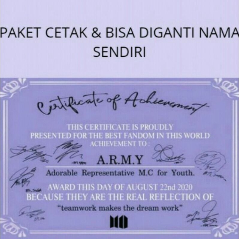Cetak Sertifikat ARMY BTS 10R & A4 + Bingkai
