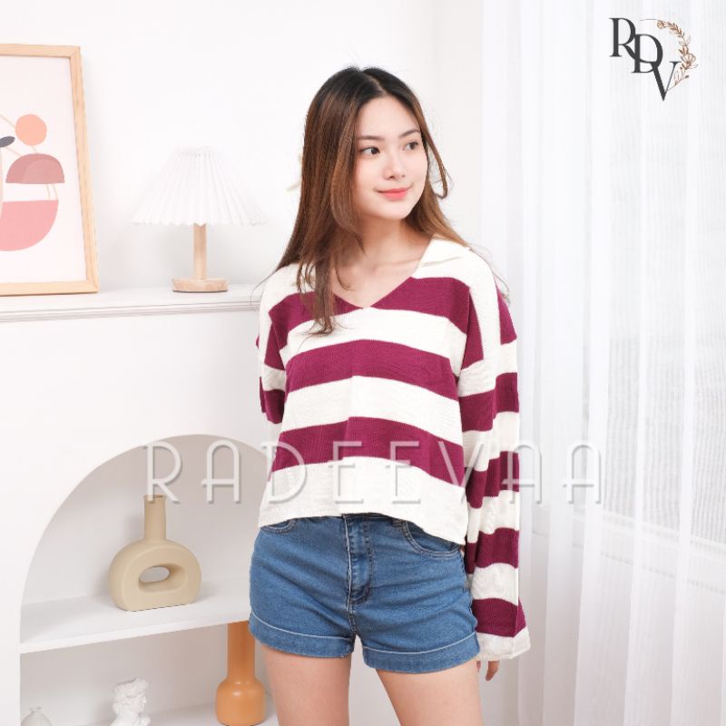 CROP TOP SWEATER KNIT STRIPE OVERSIZE BLOUSE RAJUT STRIP GARIS JUMBO PREMIUM ALDA STRIP READY FUJI LYDIA DANIRA