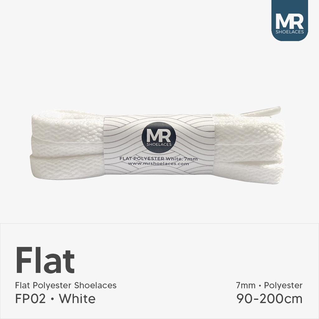 Original MR Shoelaces FP02 Putih (White) Tali Sepatu Pipih Flat 7mm 90cm 100cm 120cm 130cm 150cm 180cm 200cm Polyester Premium Shoelaces