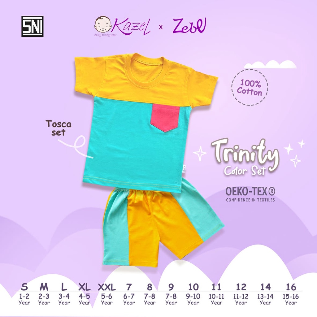 Kazel Zebe Trinity Color Set Baju Setelan Pendek Playset Anak Pocket 3 Warna Unisex Edition