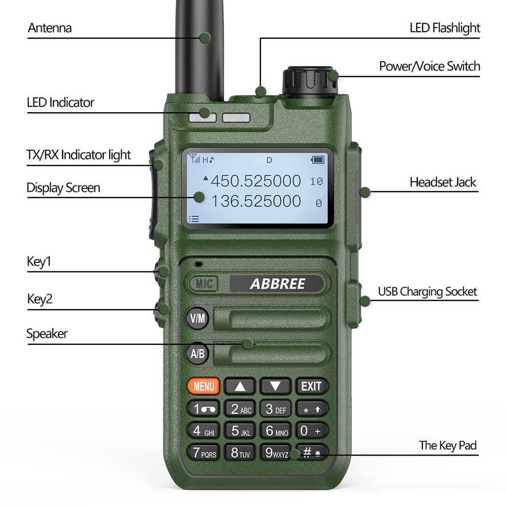 AKN88 - HT ABBREE AR-F5 Walkie Talkie Full Band 128CH Wireless Copy Frequency