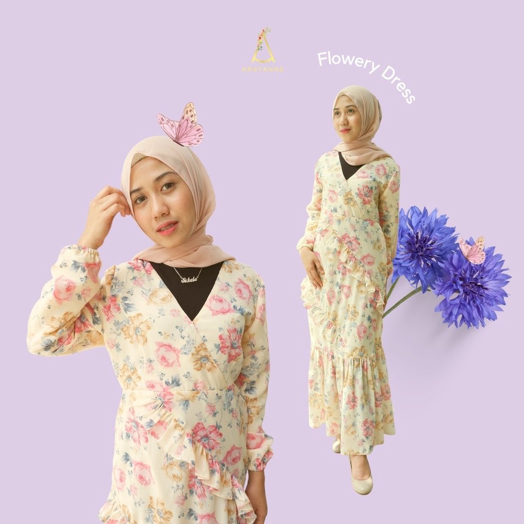 Long Summer Maxi Dress Bahan Sifon Motif Bunga - Flowery Dress