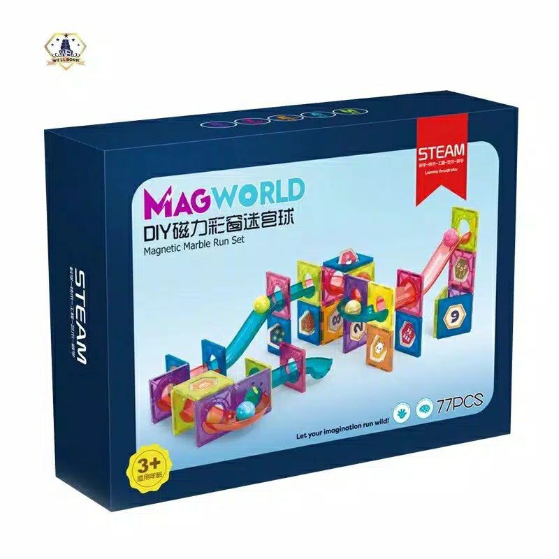 MAINAN EDUKASI MAGWORLD MAGNET MAGNETILES + MARBLE RUN SET 77 PCS