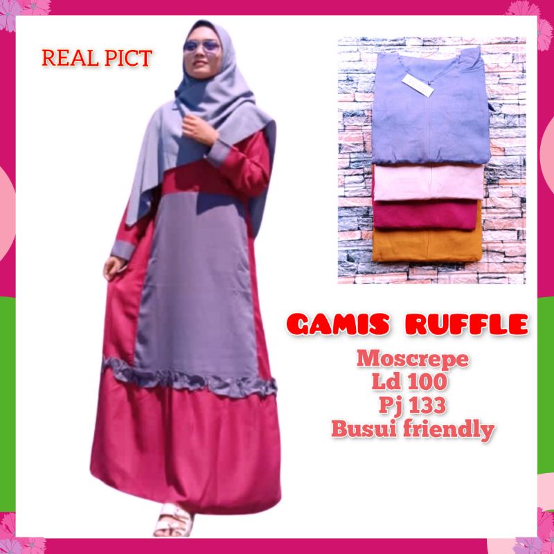 Gamis Wanita Moscrepe Ruffle Busui Terbaru / Dress Muslim Wanita Rempel