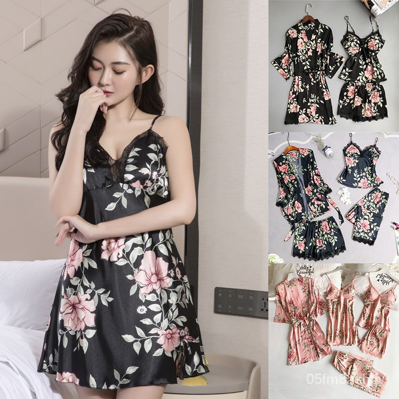 5PCS Pajamas Satin Sleep Set Women Sexy Nightwear V-Neck Lace Sleepwear Bathrobe Wear Homewear Negli