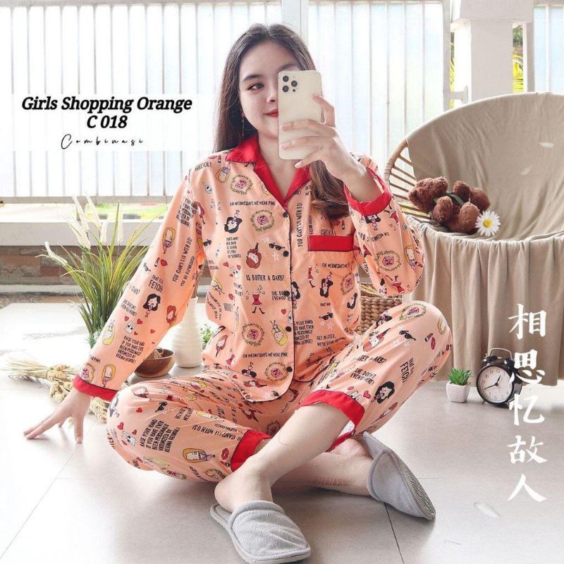 Piyama Wanita Lengan Panjang PP Motif Bunga Set Piyama Baju Tidur Wanita Remaja Baju Tidur ABG-Shop orange red