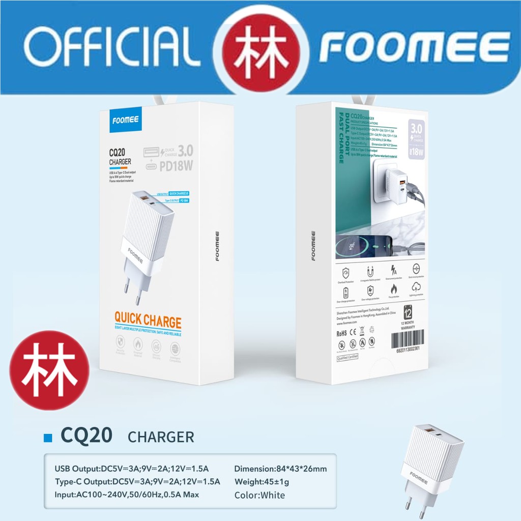 Foomee CQ20 Dual Port Charger QC 3.0 &amp; PD 18W