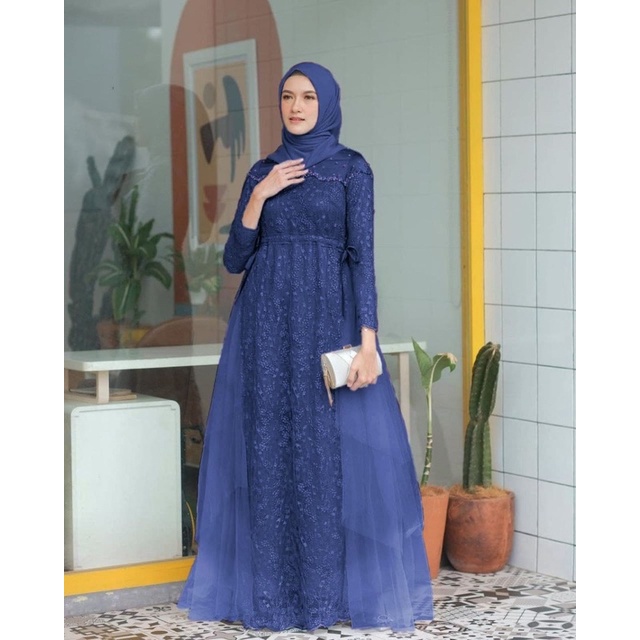 AZKANA BATIK - Gamis Brukat Maxi Dress Auliya Lengan Panjang Baju Kondangan Wanita Kekinian Dress Bridesmaid Brukat Tulle Mix Payet Mutiara Gamis Lebaran 2023