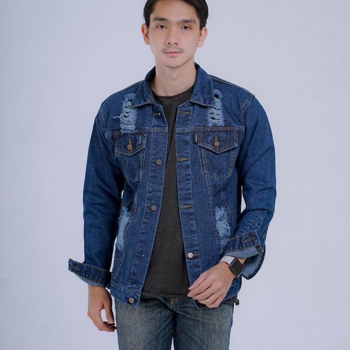 jaket jeans denim sobek pria