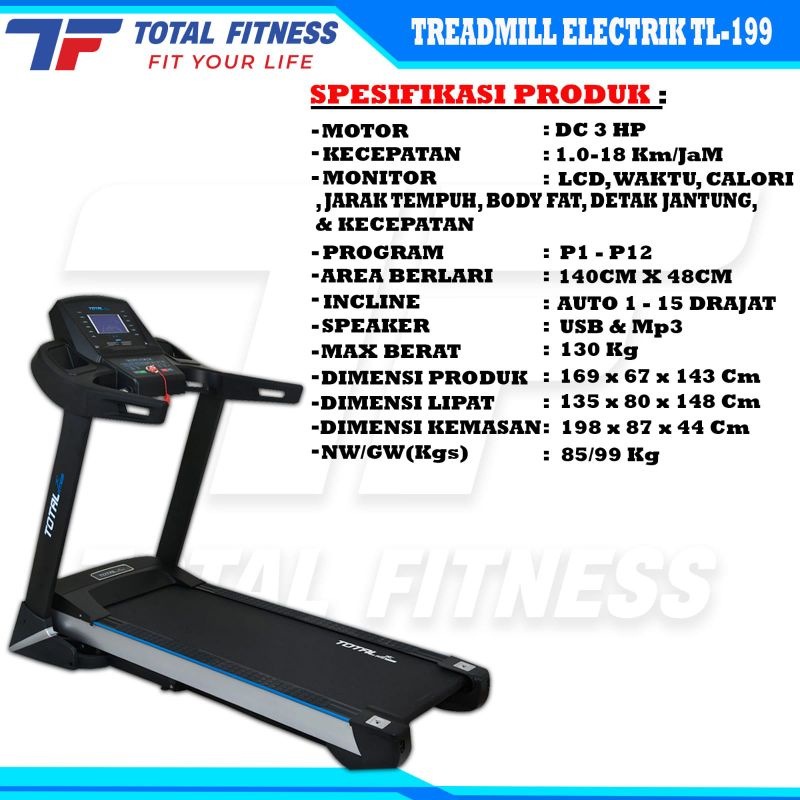 Treadmill elektrik TL 199 alat olahraga lari fitness dan gym