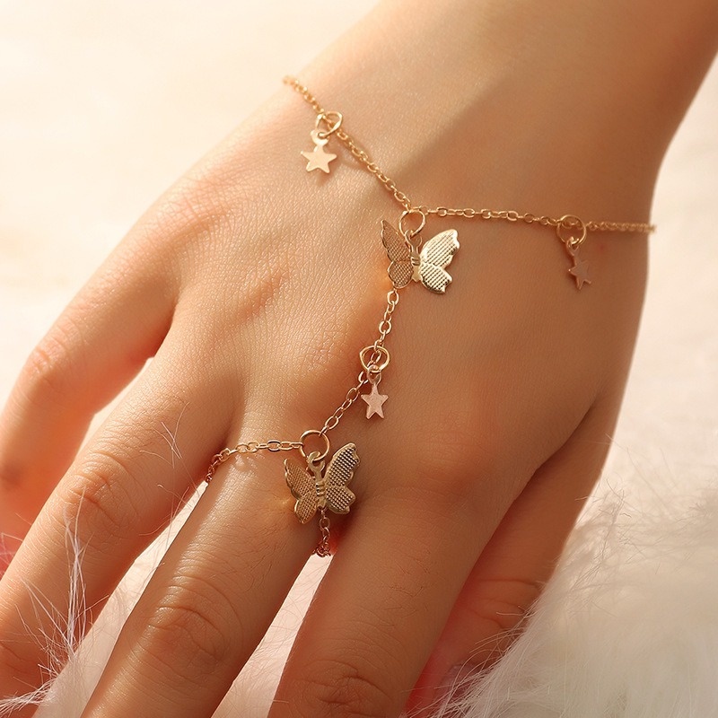 INS Style Gold Butterfly Star Pendant Bracelet/ Golden Butterfly Pendant Hand Chain Finger Ring Set/ Trendy Charm Chain Bracelet Gifts Jewellery