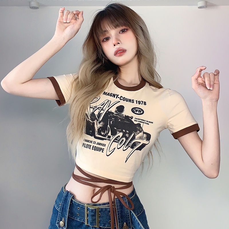 Prove kekinian atasan crop top American ins net red hot girl fun print slim T-shirt female niche design crop top baju import kaos wanita korean style