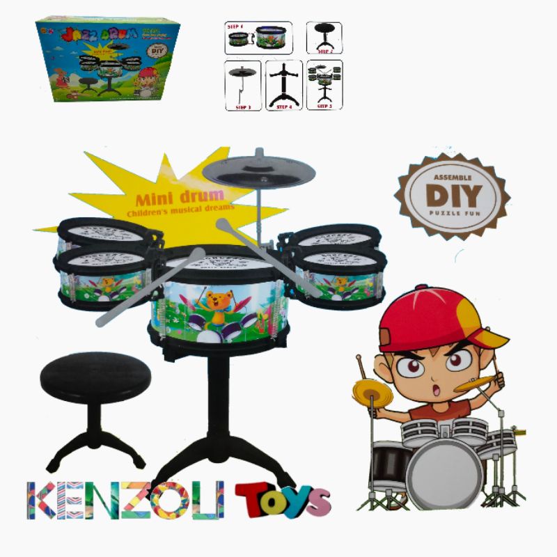 SH 1234 LITTLE JAZZ DRUM SET 6 IN 1 plus tempat duduk  / mainan drum jazz set anak