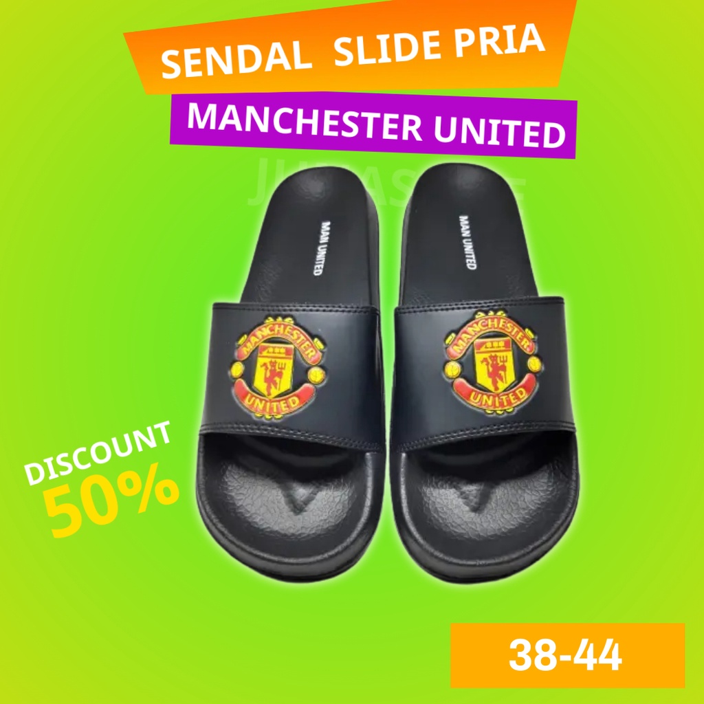 sandal slide club bola sendal casual slop pria wanita selop hitam polos logo klub sepak bola manches