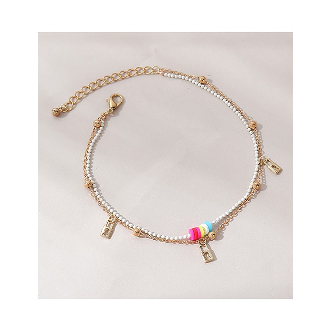 LRC Gelang Kaki Fashion Gold Color Rice Beads Beaded Lock-shaped Alloy Double Layer Anklet Y64797