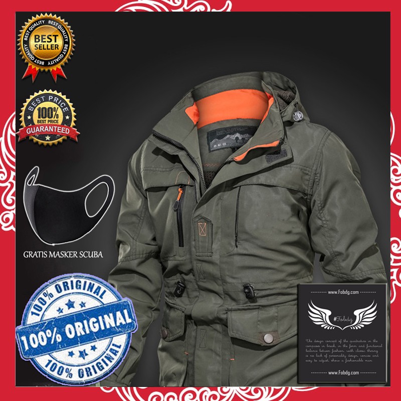 Jaket Parka Jeep Hijau Army Bahan Baby Kanvas Hoodienya Dapat Dilepas Pasang, Semua Logo Club PROMO