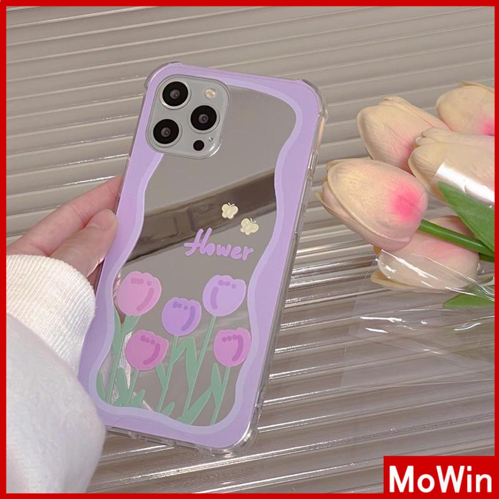 iPhone Case Acrylic HD Mirror Laser Airbag Shockproof Protection Camera Cute Purple Tulip Flowers Compatible For iPhone 11 iPhone 13 Pro Max iPhone 12 Pro Max iPhone 7 Plus iPhone xr