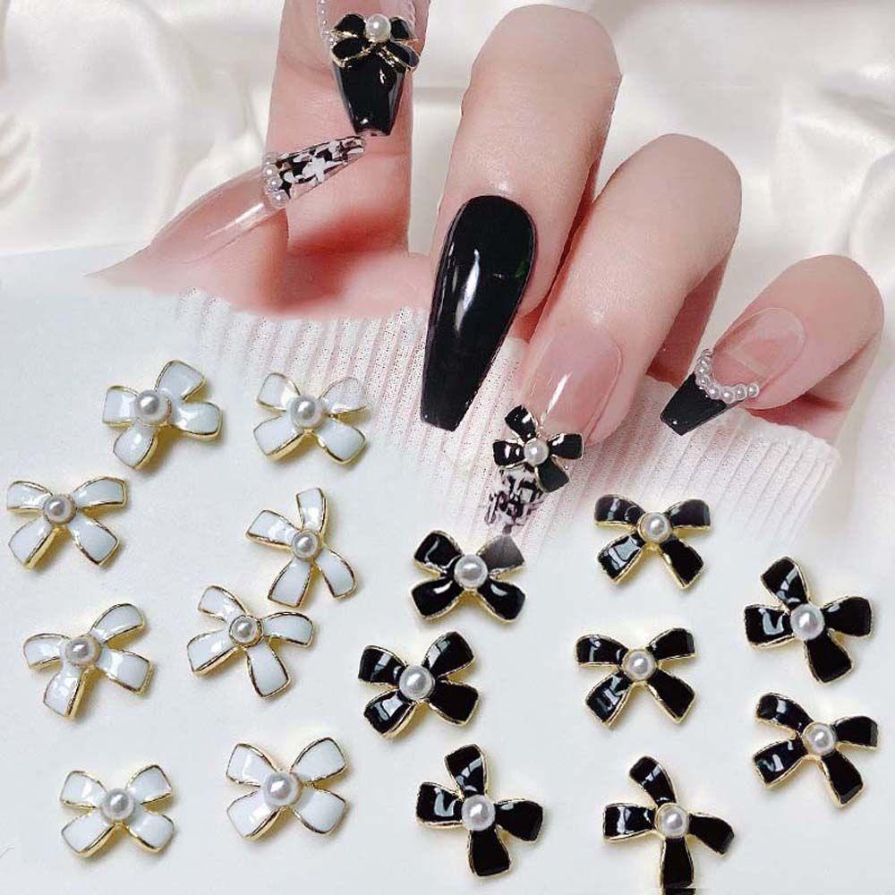 AUGUSTINA Agustina Bow Nail Art Dekorasi Elegan Gaya Perancis Fashion Hitam Putih Ikatan Simpul Nail Drill