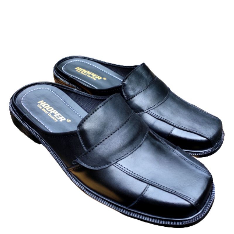 SANDAL SEPATU KULIT ASLI HOOPER WARNA HITAM SELOP COWOK BUSTONG KERJA