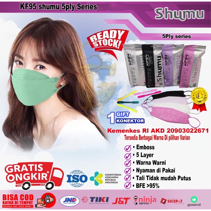 MASKER KF94 SHUMU 5PLY EMBOSS WARNA FREE KONEKTOR HIJAB ISI 10 PCS