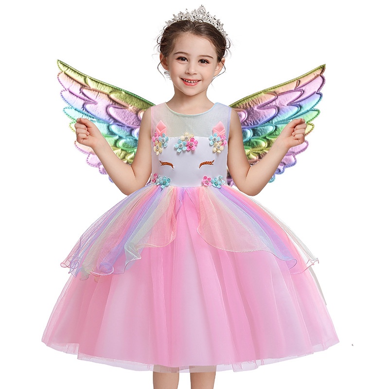 KOMUNI PERTAMA Gaun Unicorn Anak Perempuan Flower girl Unicorn rainbow wedding party dress