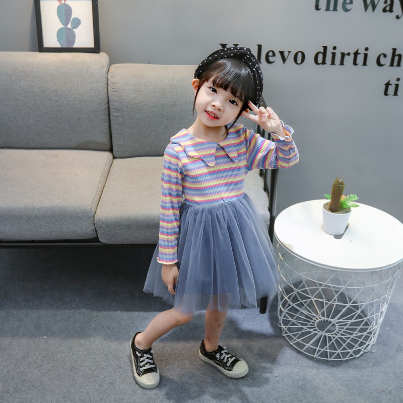 SALE DR60-Dress Anak Perempuan Lengan Panjang Rok Tutu Rainbow