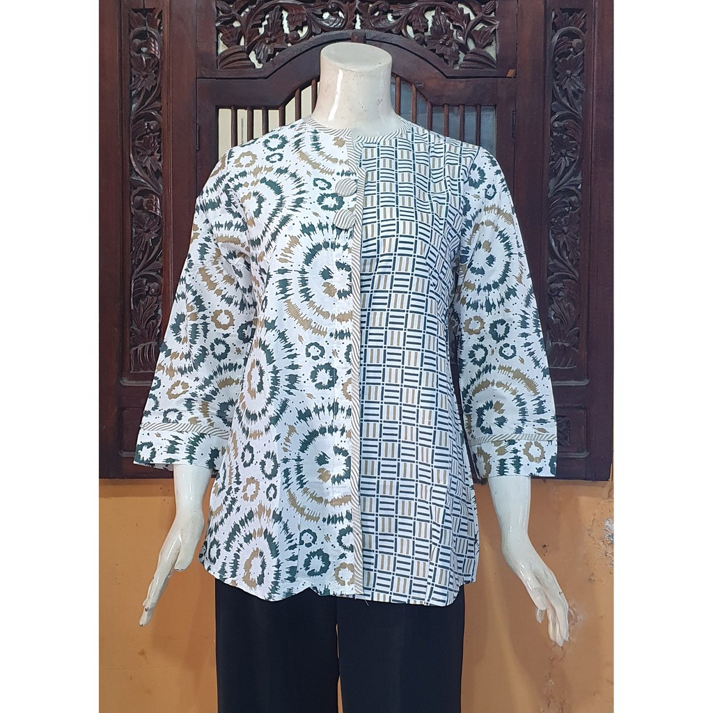 NEW Atasan Blouse Batik MOSA Blus Wanita Lengan Pendek 3/4 Kancing Depan. Motif Batik Pekalongan -250-Sibori Hijau