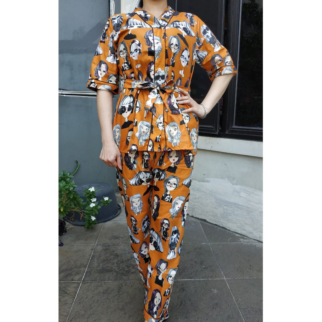JNV Setelan Kimono CP Wanita Motif Karakter Kartun - Baju Tidur Kimono Lengan Pendek - Bahan Katun-Retro Bata