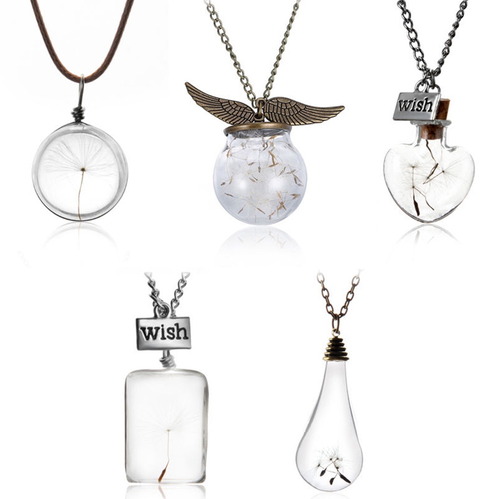 Hu Hu Hu Hu Hu Alat Bantu Pasang Kacamata♡ Kalung Rantai Panjang Dengan Liontin Botol Kaca Isi Bunga Dandelion Kering Untuk Unisex