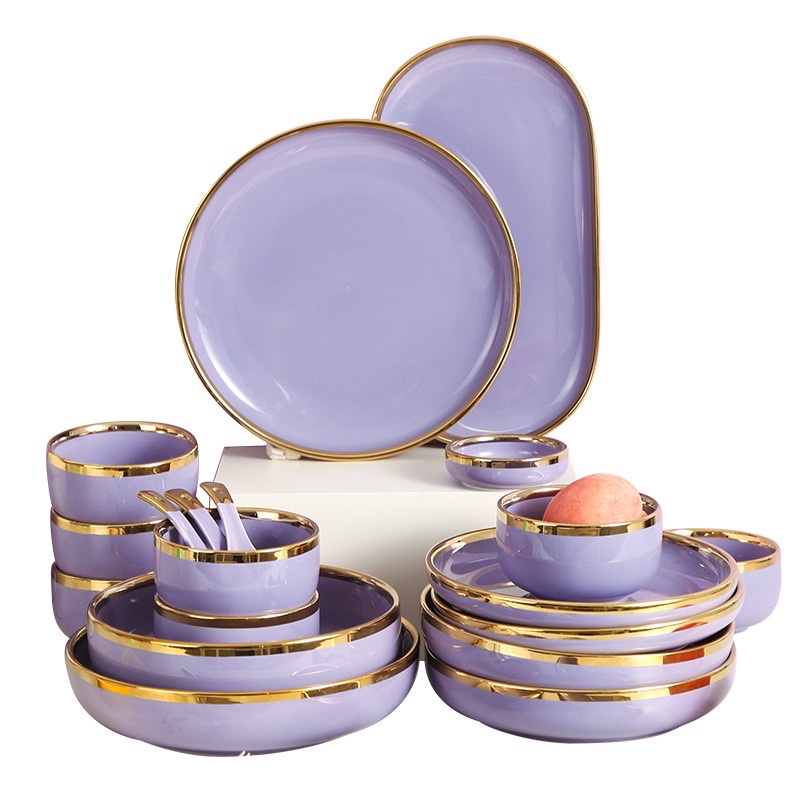 Piring set ungu Gold , putih gold, green gold , black gold, hijau muda gold dan pink gold dengan nampan oval Oriental Dining set 26pcs free box