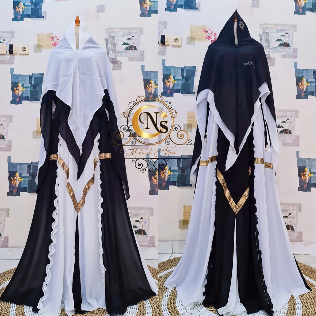 ORIGINAL GAMIS CANTIK Naraya Syari Black & White By. Nais Syari / Bahan Ceruti babydoll HQ Aplikasi 