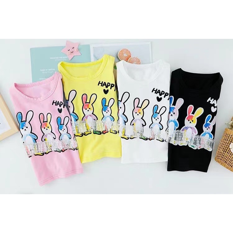 KF CAT Setelan Anak Perempuan Fashion Casual Kaos Rabbit Renda Lengan Pendek + Celana Bawah Karet Style Ala Korea Import Untuk Umur 6 Bulan-4Tahun