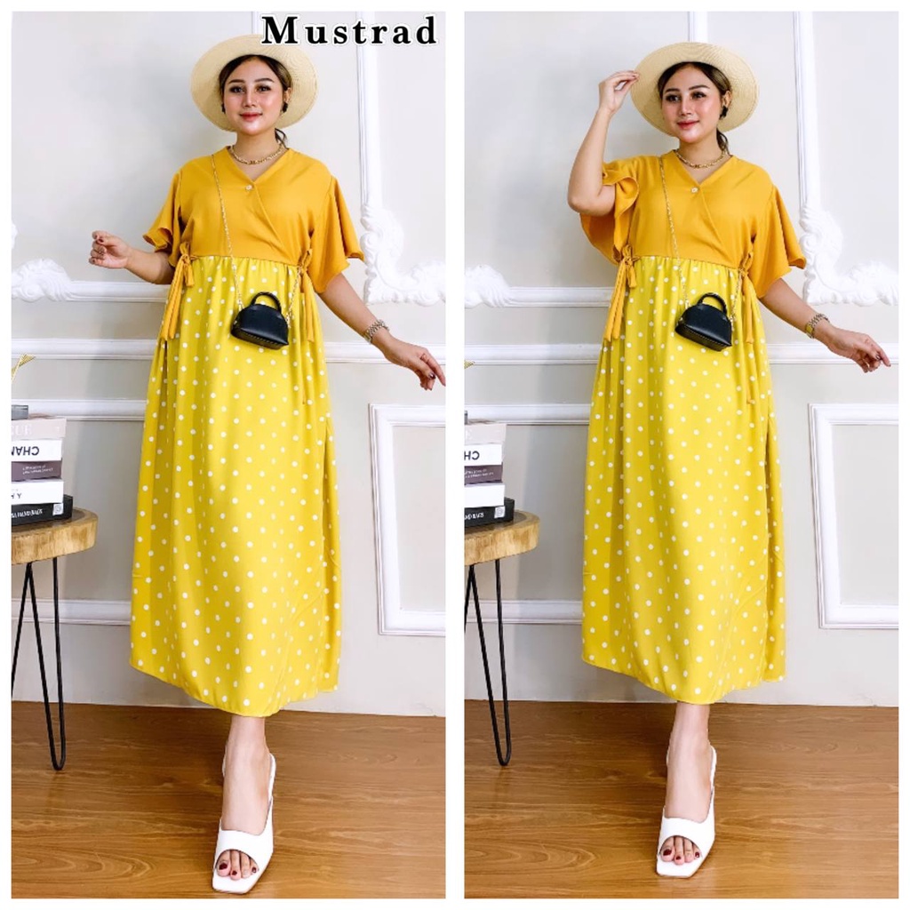 Dress Wanita Kareen Polkadot Shakila Premium Baju Wanita Lengan Pendek Fashion Kekinian LD 110 cm