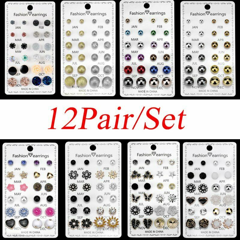 12 Pasang / Set Anting Tusuk Gantung Desain Bola Kristal / Berlian Imitasi + Mutiara Untuk Wanita