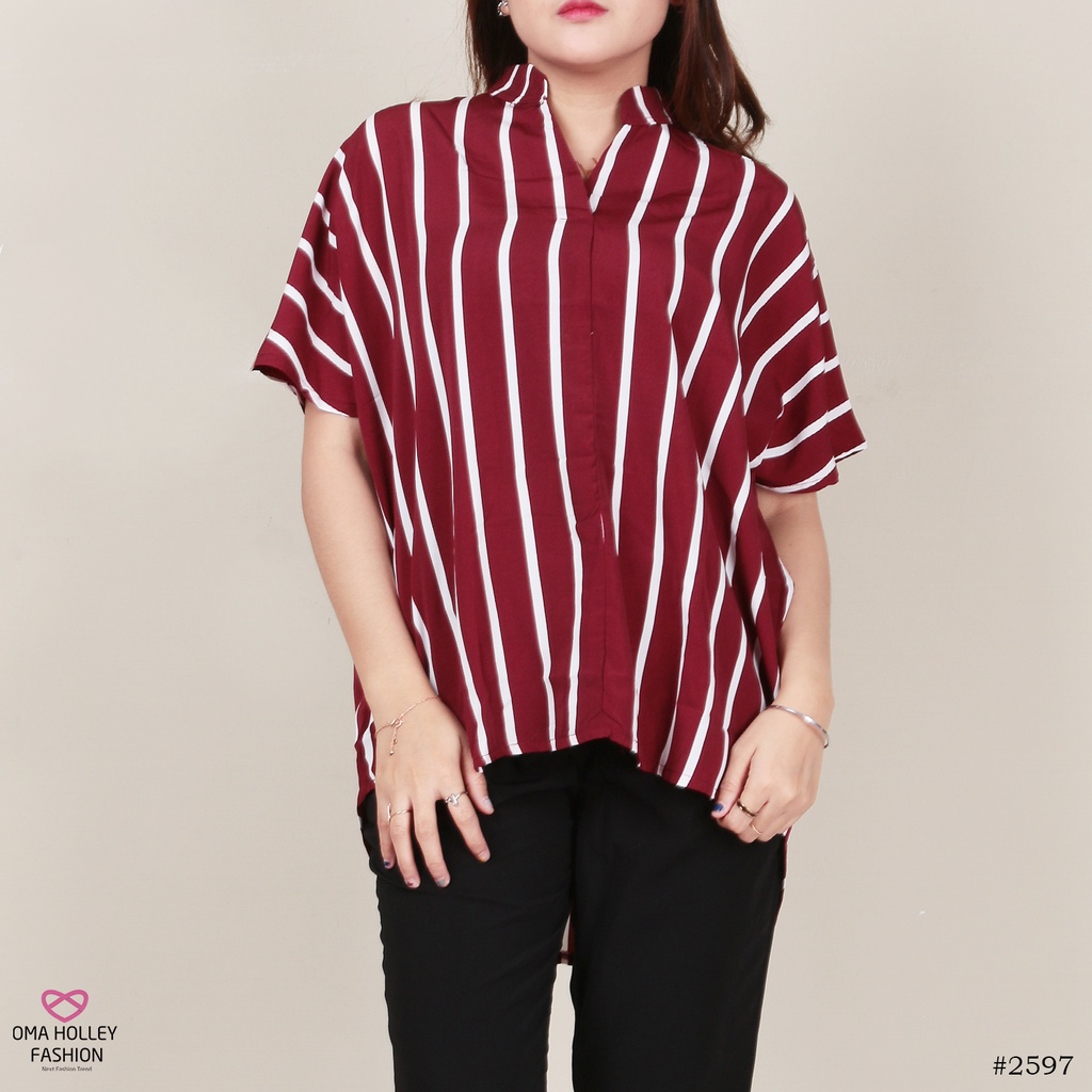 (COD) OH Fashion Hedy Blouse Salur Vneck Oversized Wanita #2597