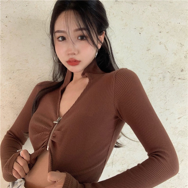 impor gaya chic seksi fashion ritsleting V-neck rajutan pendek atas pusar T-shirt wanita lengan panj