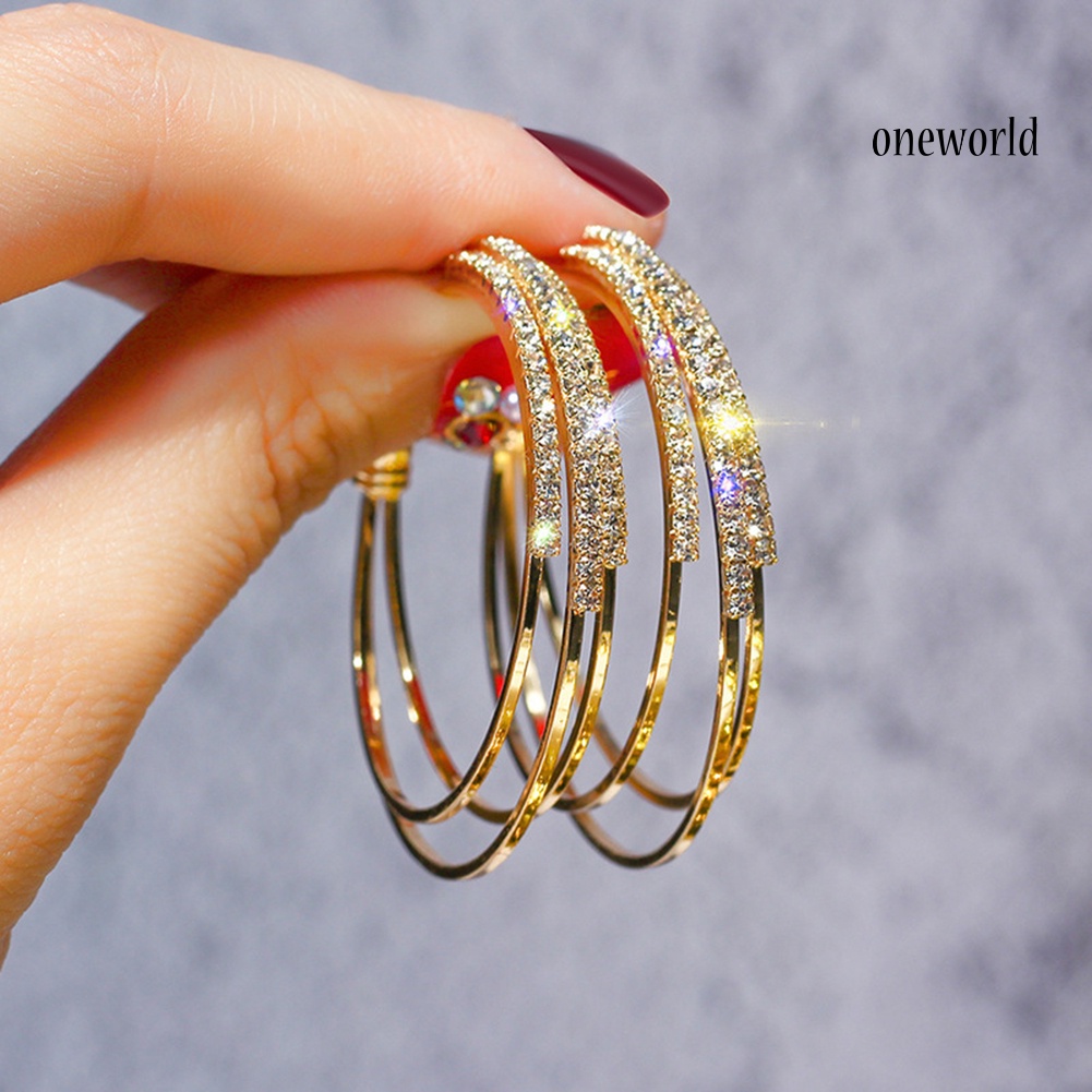 OW@ Women Exquisite Rhinestone Hoop Earrings Triple Layer Circle Piercing Jewelry