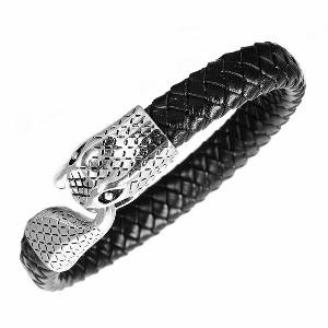 Snake Serpent Leather Bracelet Titanium Steel Gelang Pria Kulit Asli Hitam   Gelang Ular