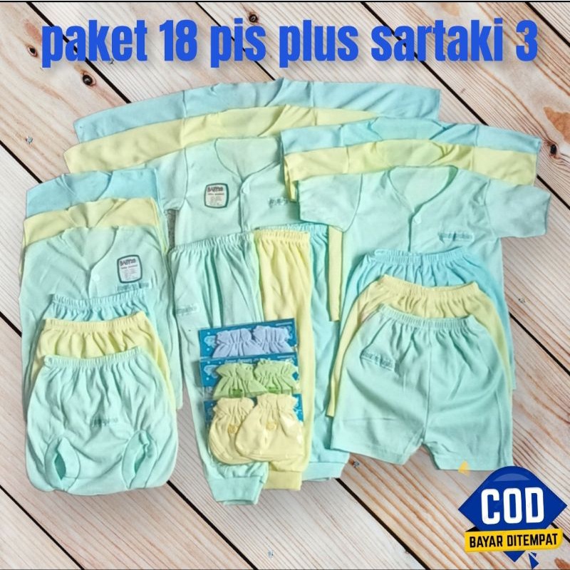 18 pis stelan baju dan celana bayi ada sarung tanggan 3 LBL bbyz00