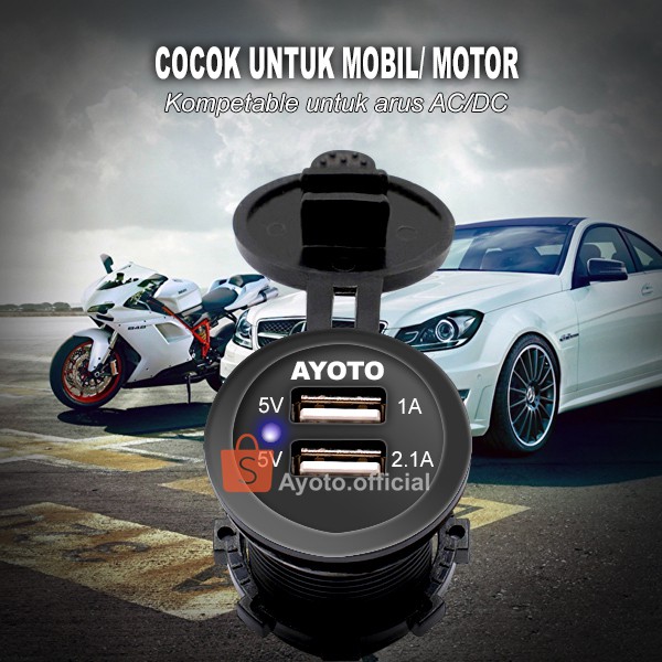 Charger Motor Mobil AYOTO Dual USB Voltmeter LED Digital Waterproof